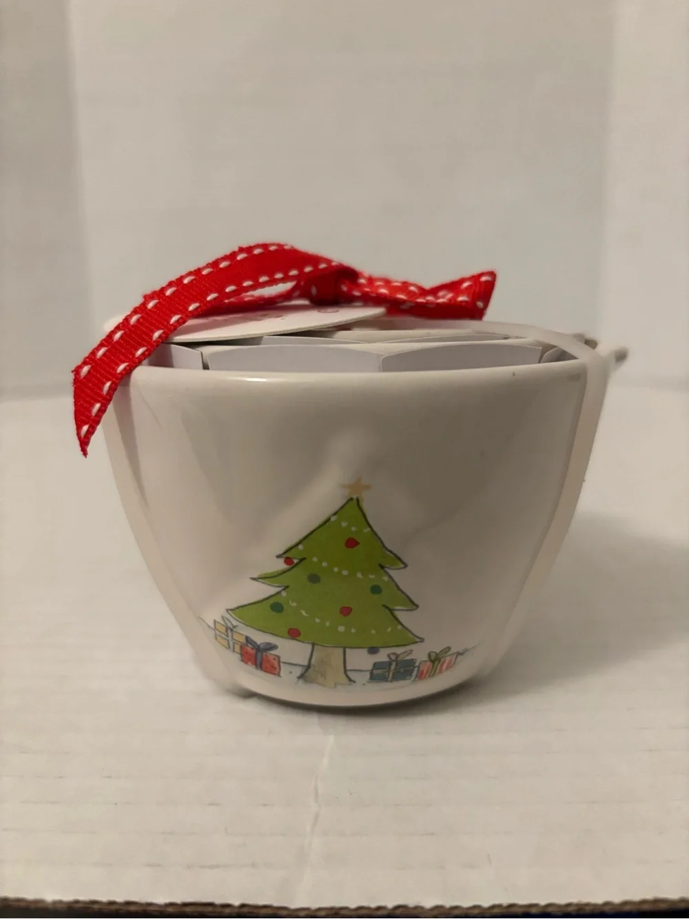 Rae Dunn White Ceramic Holiday Tea Light Holder with Green Tree and Red Ribbon